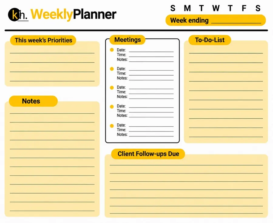 Inside page of the kh. Weekly Planner showing priorities, meetings, to-do list, notes, and client follow-ups sections