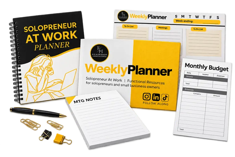 The Ultimate Productivity Bundle: the spiral Solopreneur At Work Planner, the Weekly Planner and its inside page, a meeting notes pad, and a monthly budget sheet